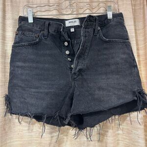 Agolde Black High-Rise Frayed Denim Shorts